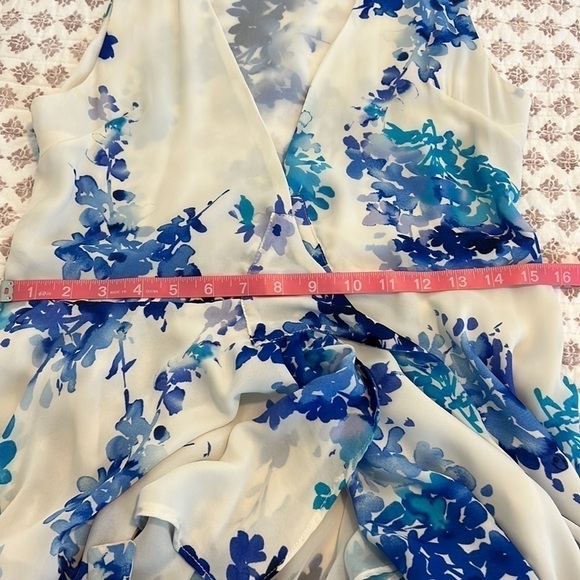 Lulus Paint Me a Picture Ivory Blue Watercolor Floral Garden Wrap Dress Small - Picture 15 of 17